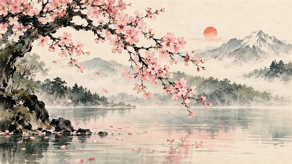 Ink-wash cherry blossom beside a quiet pond