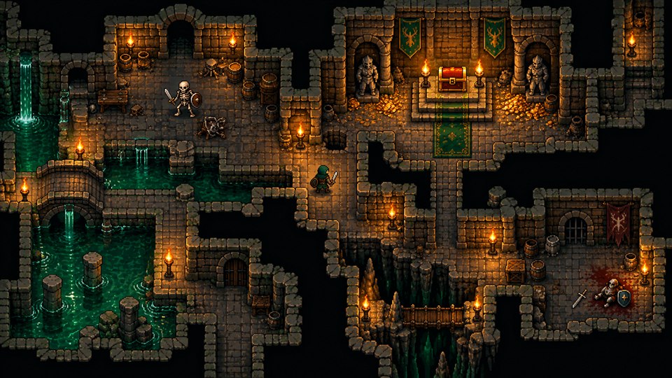 Pixel-art rooms in a classic dungeon
